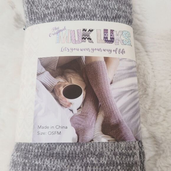 The Original Muk Luks Knee High Socks Grey Multi Contrast Top Toe Heel OSFM New - Picture 3 of 4